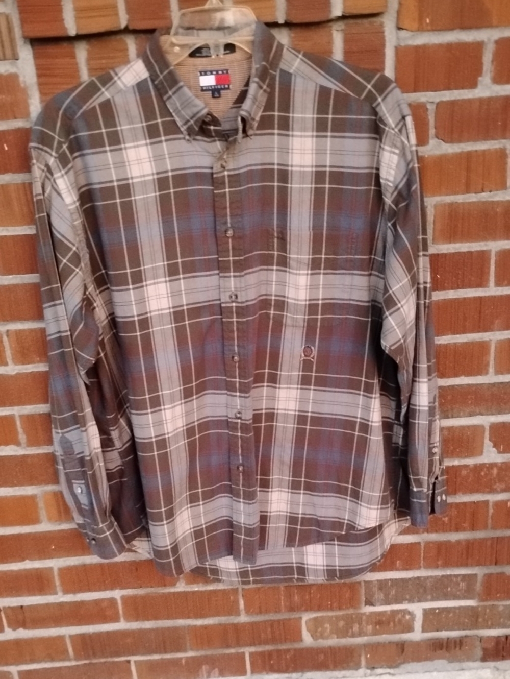 Tommy Hilfiger Brown Plaid Button-Down Shirt with Blue Accents